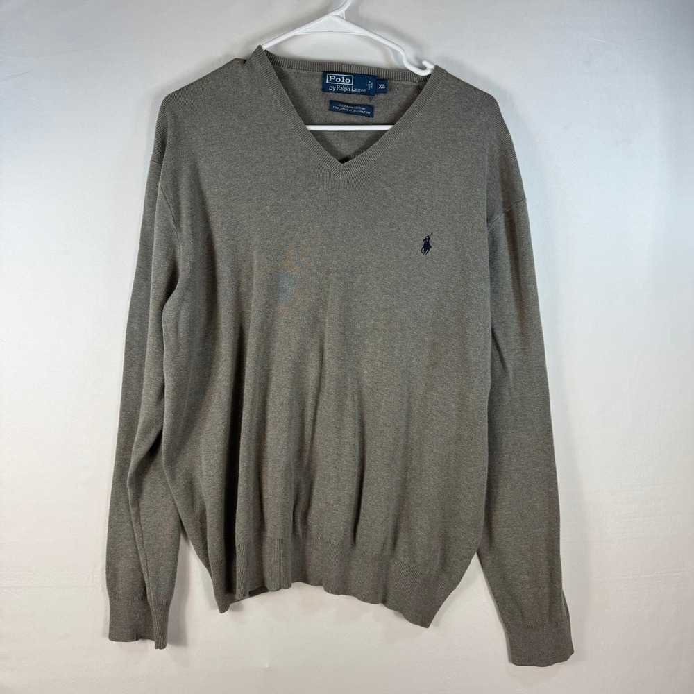 Polo Ralph Lauren Men XL Taupe Brown 100% Pima Cotton V-Neck Pony Logo Sweater